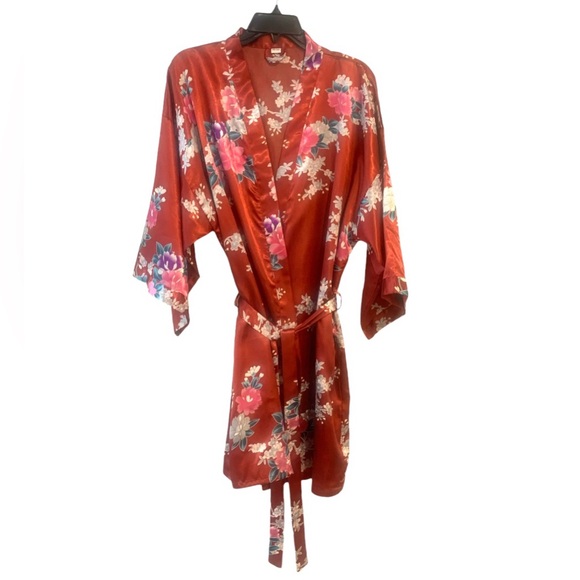 Floral Satin Robe Kimono Short With Belt Boho Women’s One Size - Picture 5 of 5